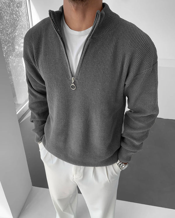 Gri Yarım Fermuar Triko Selanik Kumaş Kazak KZK-5954