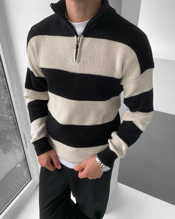 Siyah Kalın Çizgili Yarım Fermuar Triko Kazak KZK-5969