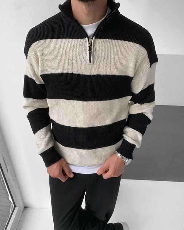 Siyah Kalın Çizgili Yarım Fermuar Triko Kazak KZK-5969