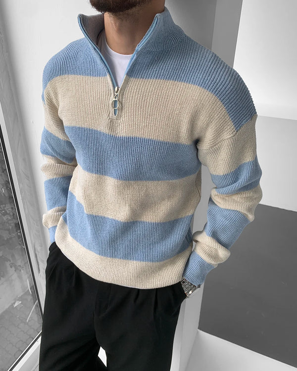 Mavi Kalın Çizgili Yarım Fermuar Triko Kazak KZK-5969