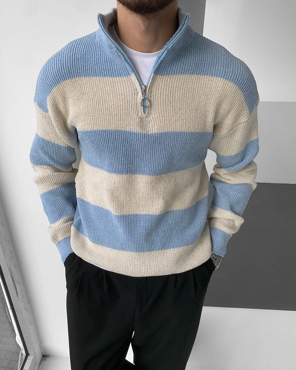 Mavi Kalın Çizgili Yarım Fermuar Triko Kazak KZK-5969