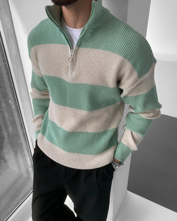 Açık Yeşil Kalın Çizgili Yarım Fermuar Triko Kazak KZK-5969