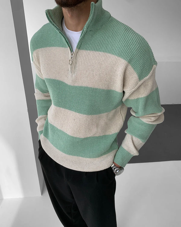 Açık Yeşil Kalın Çizgili Yarım Fermuar Triko Kazak KZK-5969
