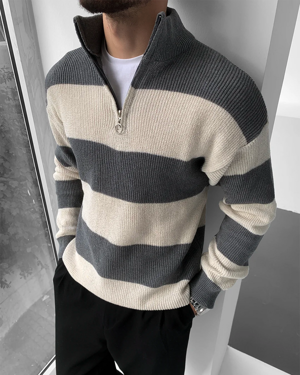 Gri Kalın Çizgili Yarım Fermuar Triko Kazak KZK-5969