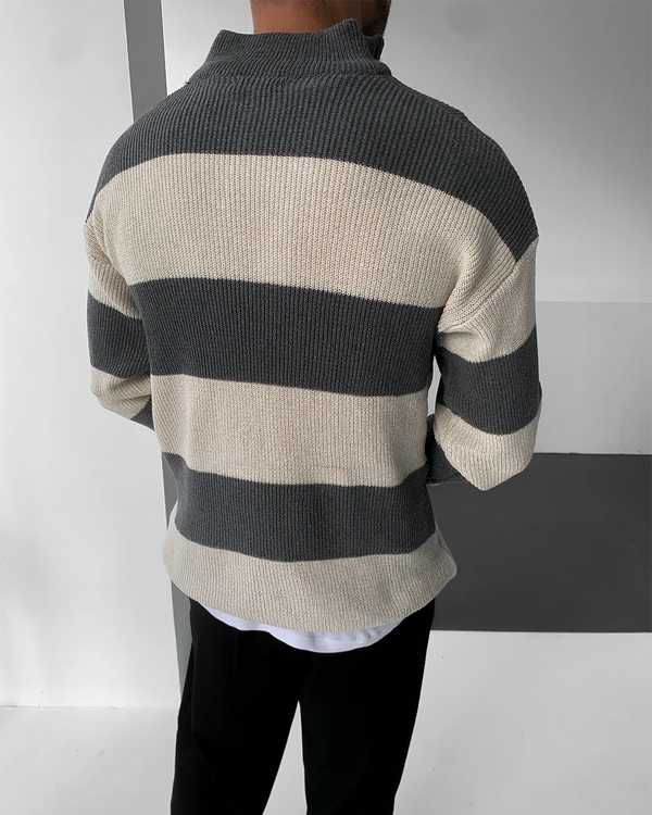 Gri Kalın Çizgili Yarım Fermuar Triko Kazak KZK-5969