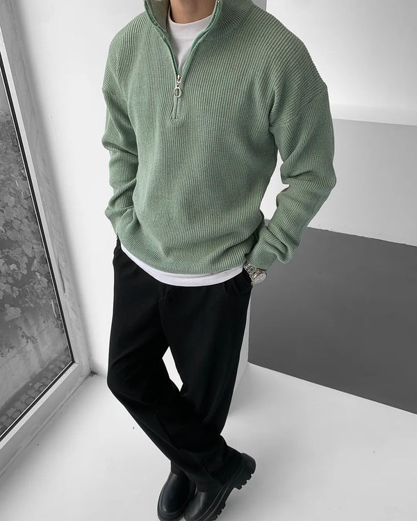 Açık Yeşil Yarım Fermuar Triko Selanik Kumaş Kazak KZK-5954