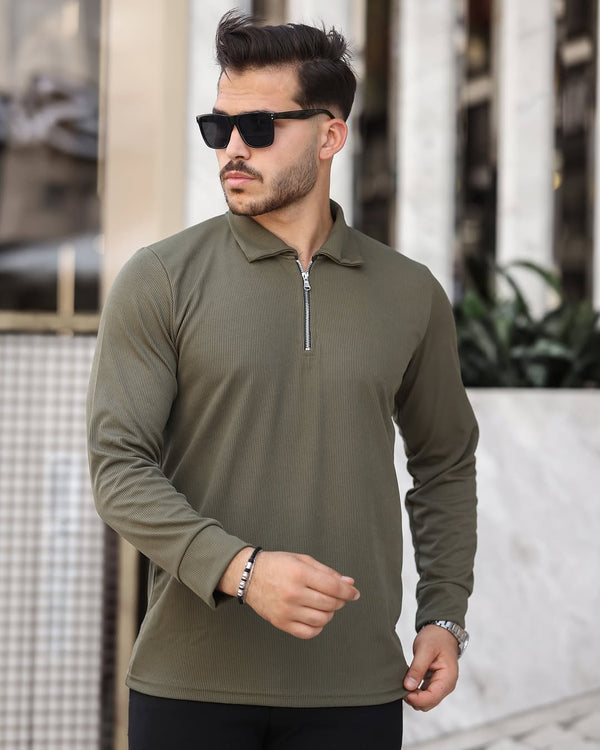 Yarım Fermuar Polo Yaka Uzun Kol Haki