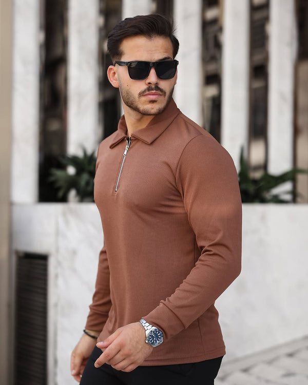 Yarım Fermuar Polo Yaka Uzun Kol Kiremit