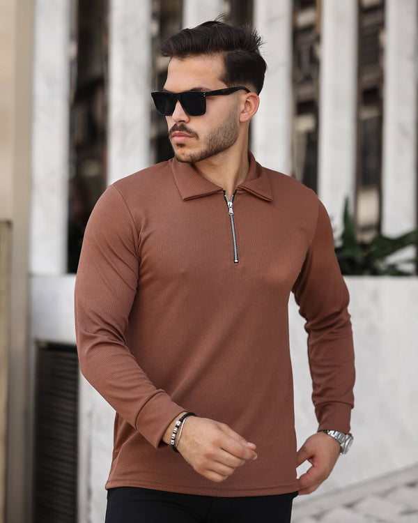 Yarım Fermuar Polo Yaka Uzun Kol Kiremit