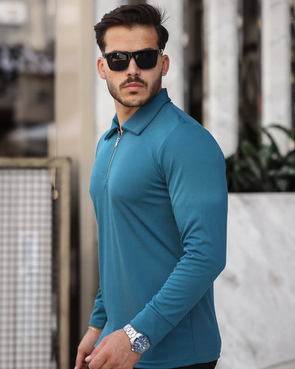 Yarım Fermuar Polo Yaka Uzun Kol Petrol