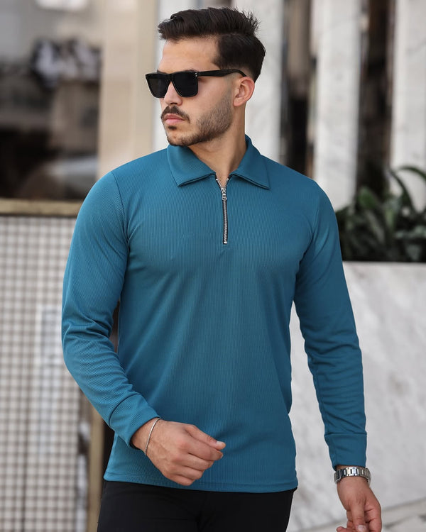 Yarım Fermuar Polo Yaka Uzun Kol Petrol