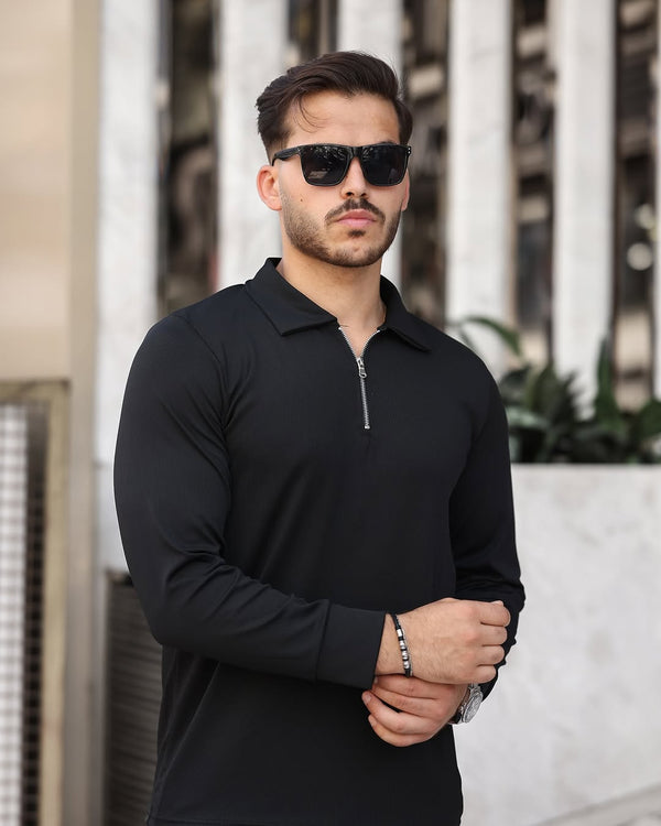Yarım Fermuar Polo Yaka Uzun Kol Siyah