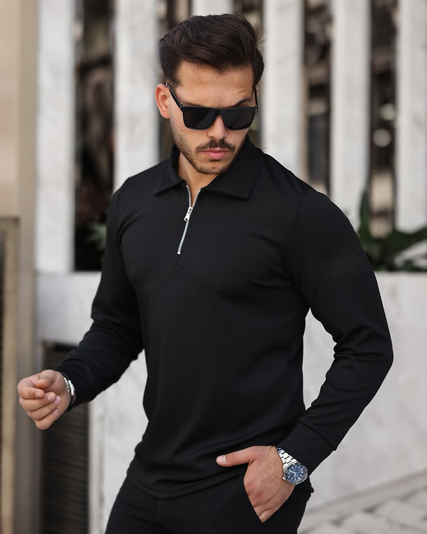 Yarım Fermuar Polo Yaka Uzun Kol Siyah