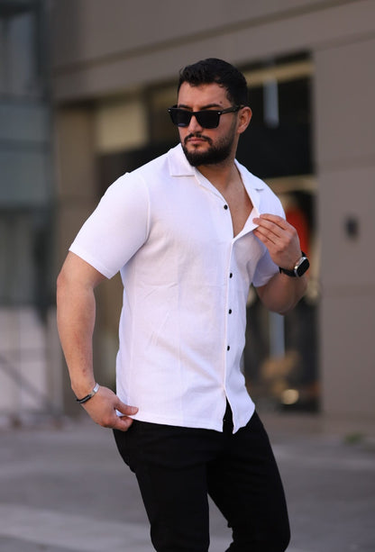Kısa Kol Waffle Gömlek Beyaz - 3056