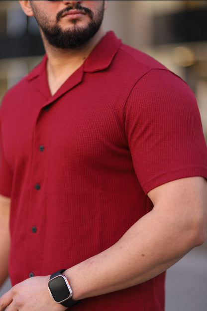 Kısa Kol Waffle Gömlek Bordo - 3056