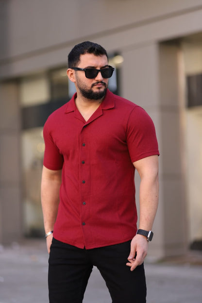 Kısa Kol Waffle Gömlek Bordo - 3056