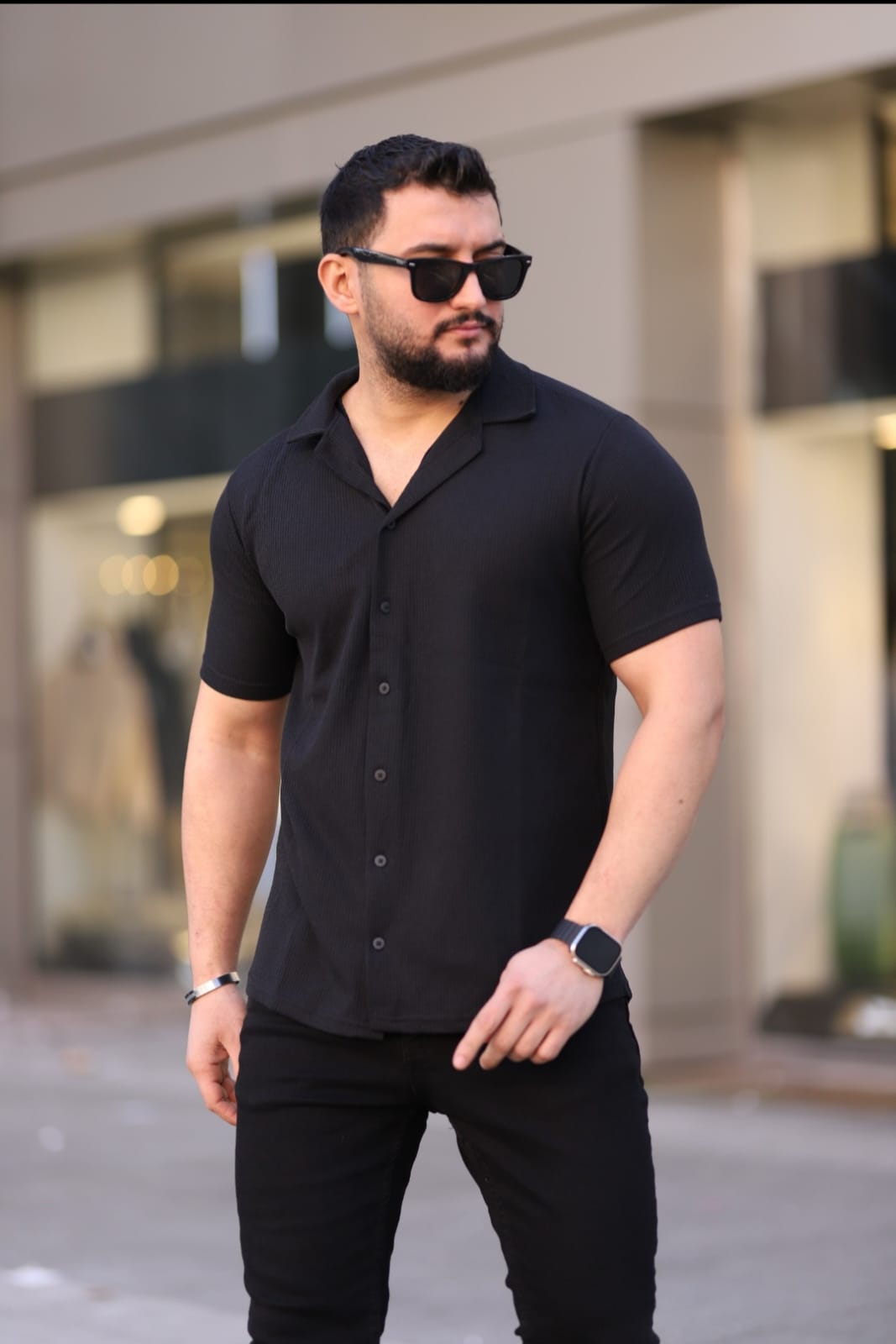 Kısa Kol Waffle Gömlek Siyah - 3056
