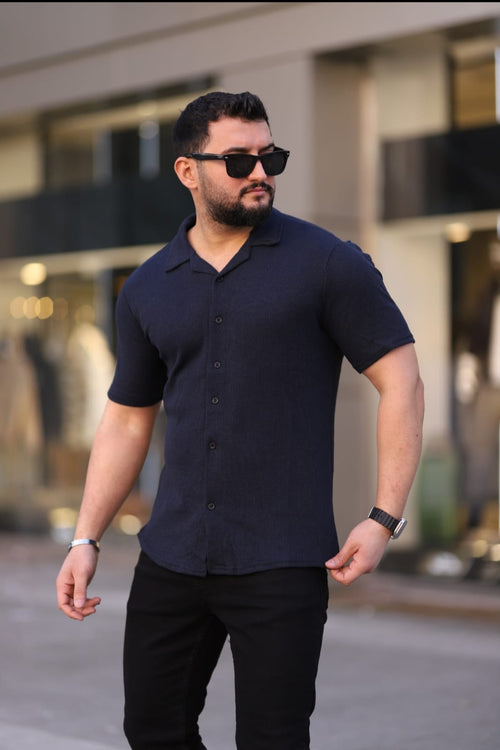 Kısa Kol Waffle Gömlek Lacivert - 3056