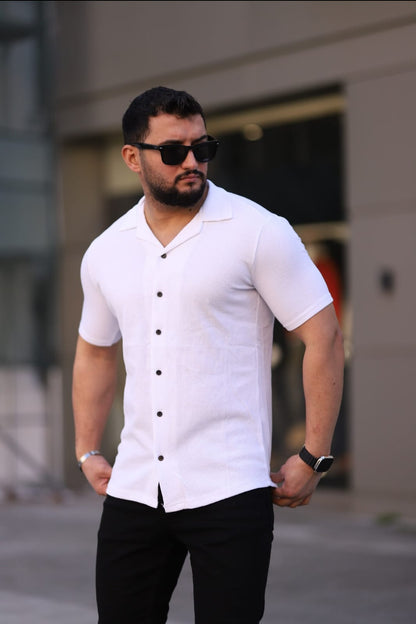 Kısa Kol Waffle Gömlek Beyaz - 3056