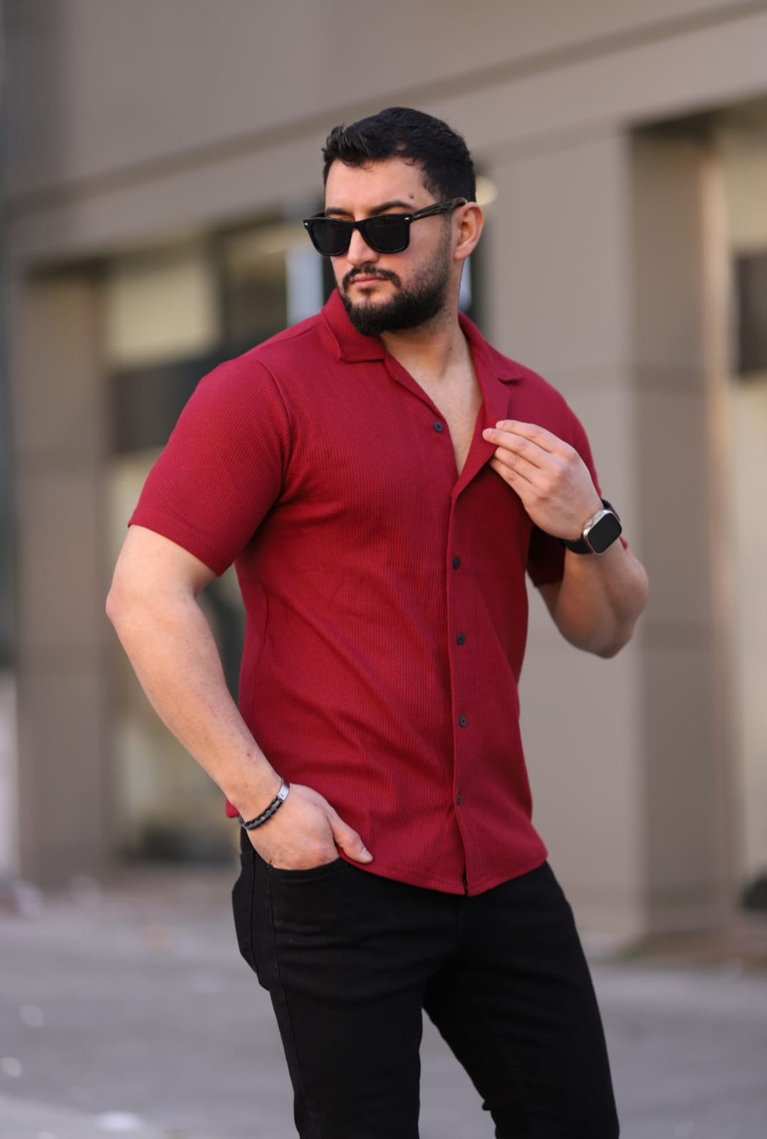 Kısa Kol Waffle Gömlek Bordo - 3056