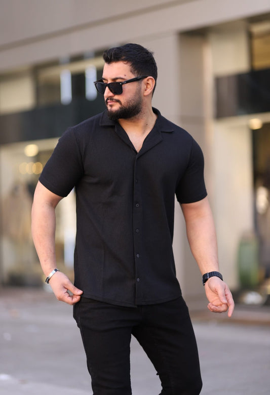 Kısa Kol Waffle Gömlek Siyah - 3056