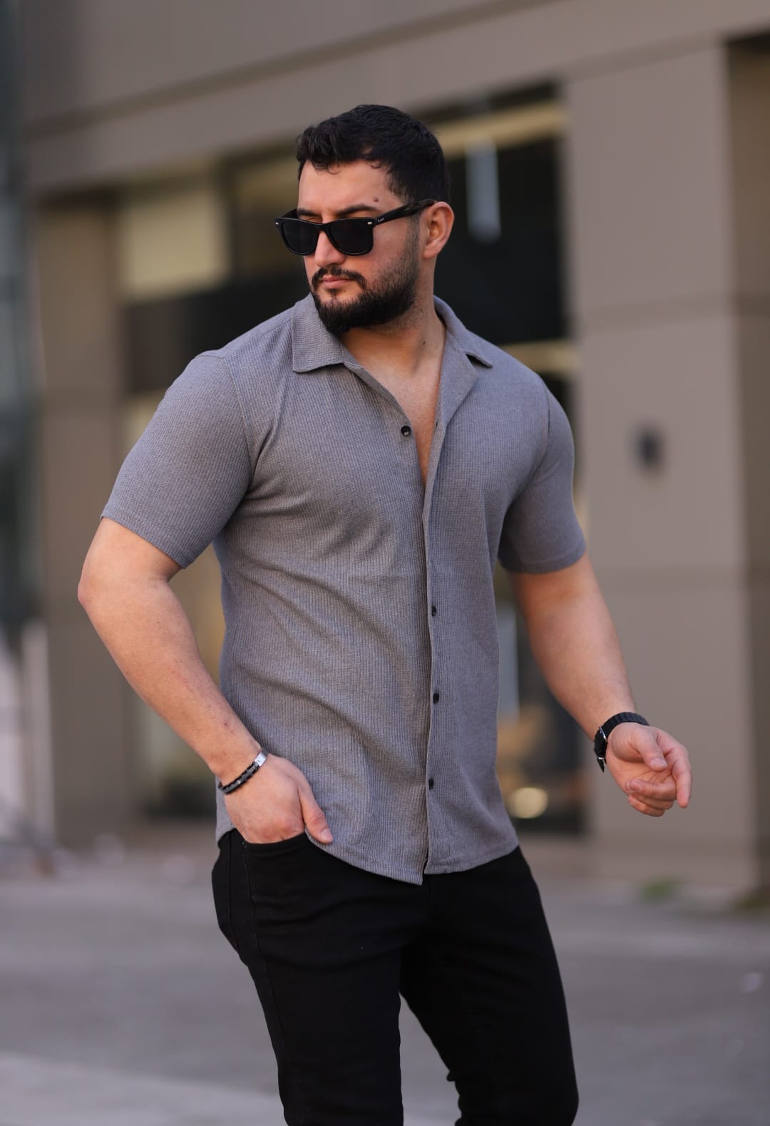 Kısa Kol Waffle Gömlek Füme - 3056