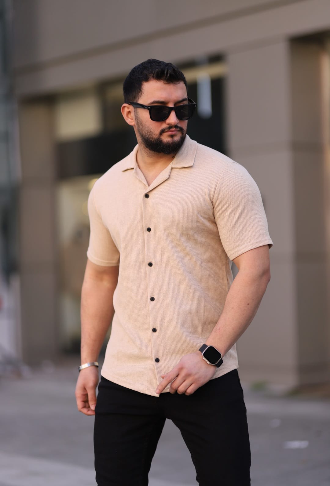 Kısa Kol Waffle Gömlek Krem - 3056