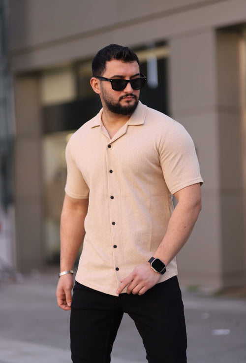 Kısa Kol Waffle Gömlek Krem - 3056