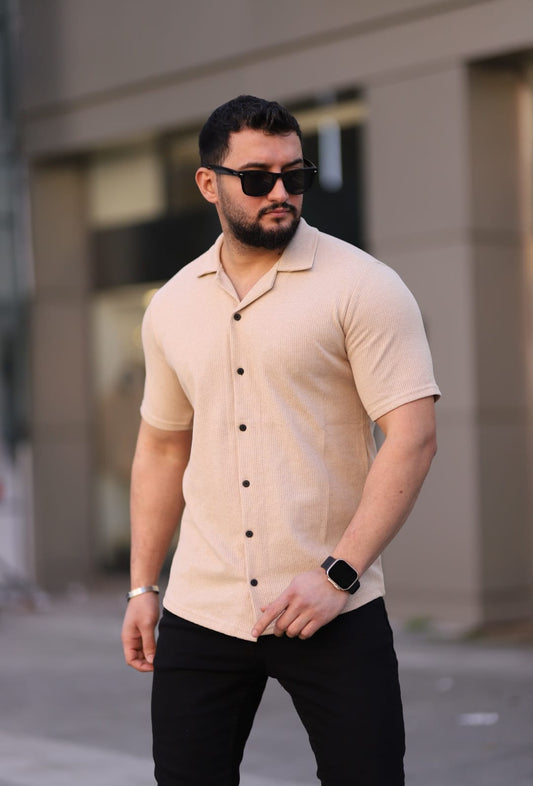 Kısa Kol Waffle Gömlek Krem - 3056