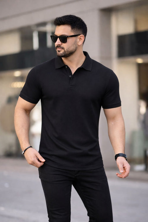 Polo Yaka Tişört Siyah - 9091