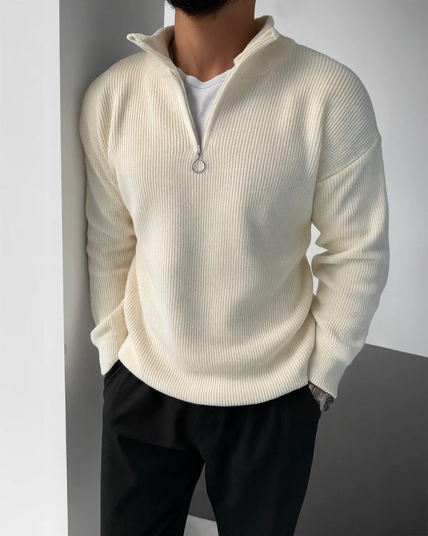 Ekru Yarım Fermuar Triko Selanik Kumaş Kazak KZK-5954